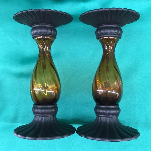 PARTYLITE Global Fusion Taper/Pillar Holder Amber Glass/Black Metal—P8722–(Pair) - Picture 6 of 11